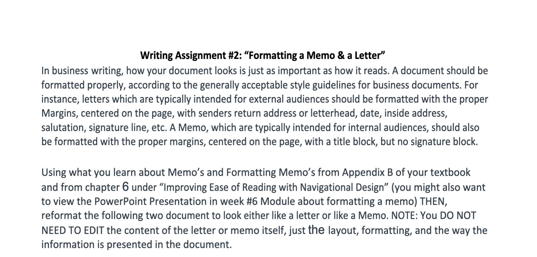 Solved Writing Assignment #2: “Formatting a Memo & a Letter