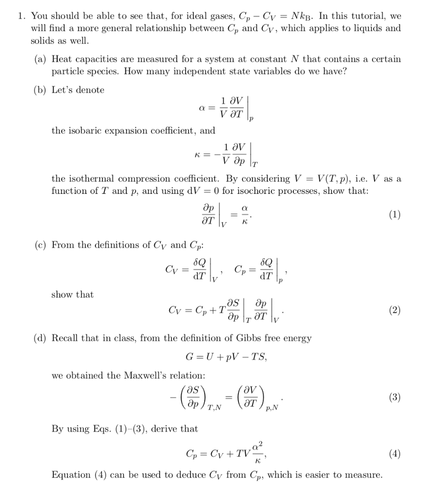 Solved 1. You should be able to see that, for ideal gases. | Chegg.com