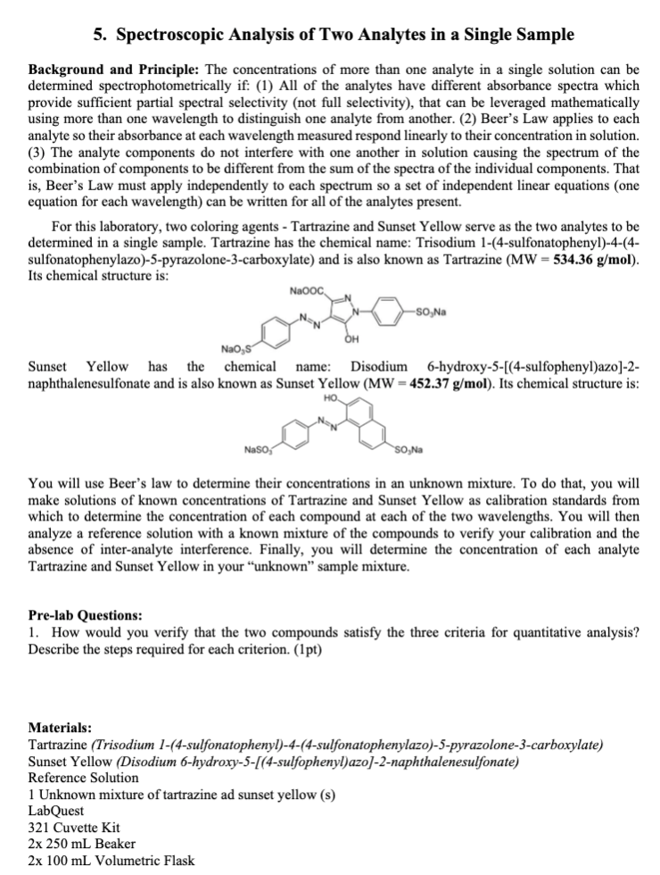 5. Spectroscopic Analysis of Two Analytes in a Single | Chegg.com
