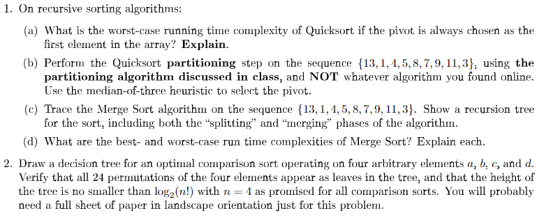 1. On recursive sorting algorithms: (a) What is the | Chegg.com