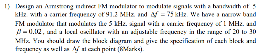 Solved Design An Armstrong Indirect FM Modulator To Modulate | Chegg.com