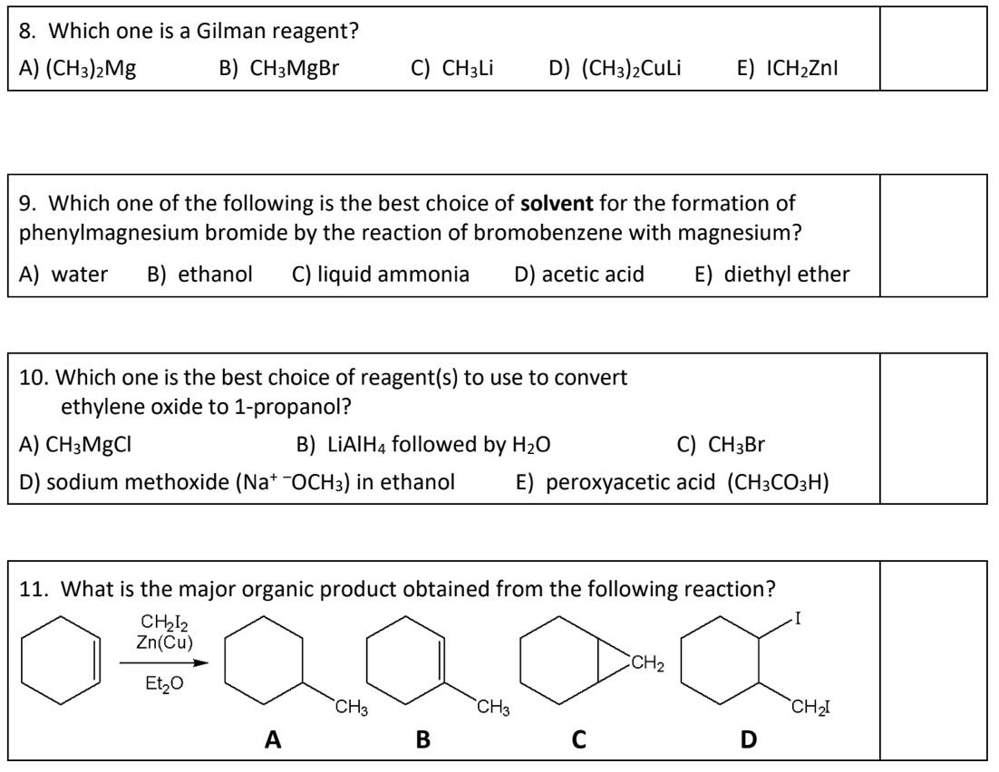 Solved 8. Which one is a Gilman reagent? A) (CH3)2Mg B) | Chegg.com
