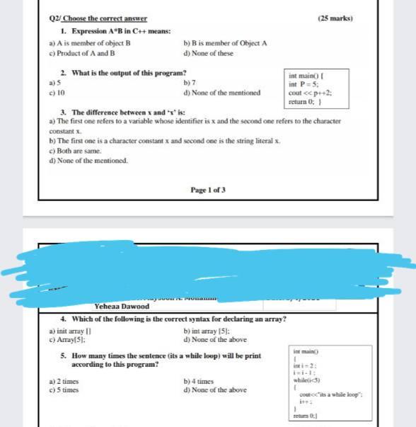 Solved a) 5 b) 7 Q2/ Choose the correct answer (25 marks) 1. | Chegg.com