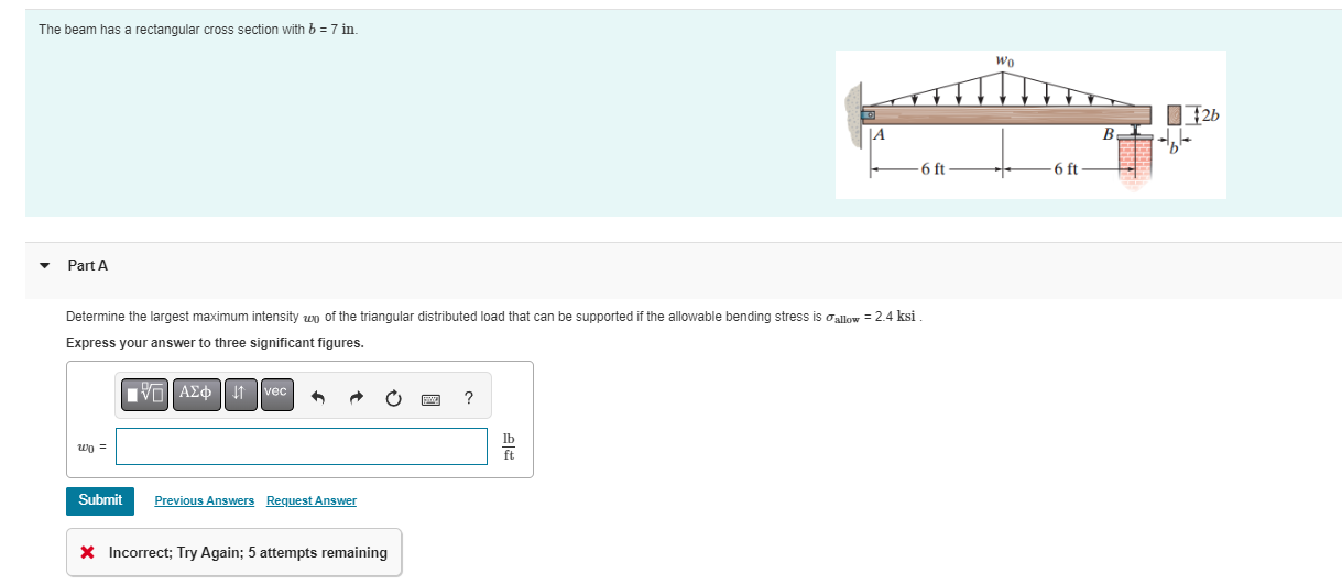 Solved The beam has a rectangular cross section with b=7 in. | Chegg.com