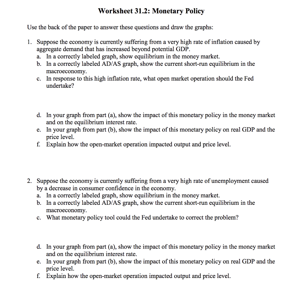 Worksheet 11.11: Monetary Policy Use the back of the  Chegg.com Regarding Monetary Policy Worksheet Answers