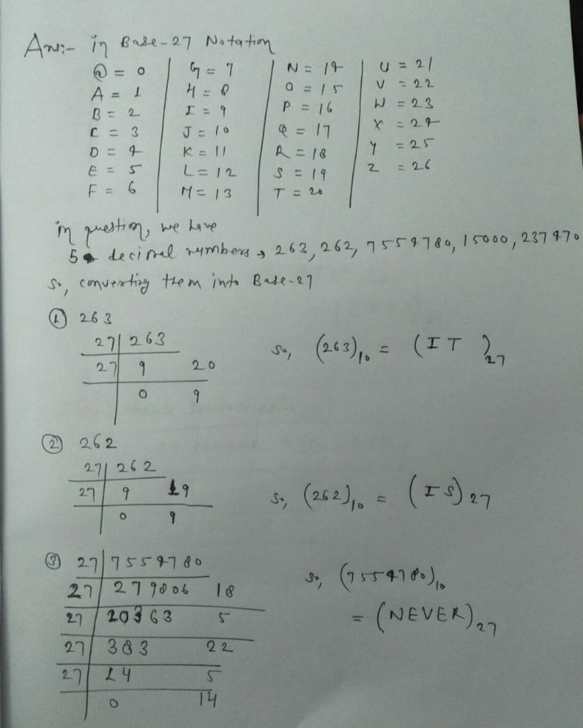 Question In A Base 27 Notation 0 A 1 B 2 Z 26 All Uppercase The Decimal Numbers 26 Answerstreak