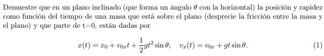 Demuestre que en un plano inclinado (que forma un ángulo \( \theta \) con la horizontal) la posición y rapidez como función d