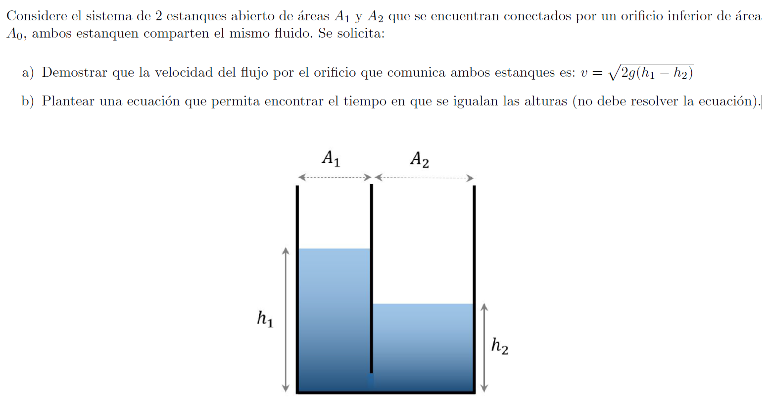 Considere el sistema de 2 estanques abierto de áreas A₁ y A2 que se encuentran conectados por un orificio inferior de área Ao