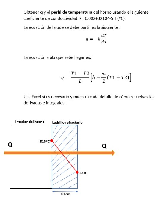 Obtener q y el perfil de temperatura del horno usando el siguiente coeficiente de conductividad: \( \mathrm{k}=0.002+3 \times