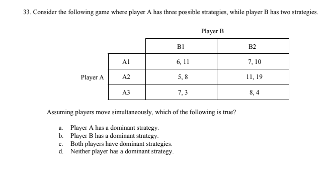Solved 33. Consider the following game where player A has | Chegg.com