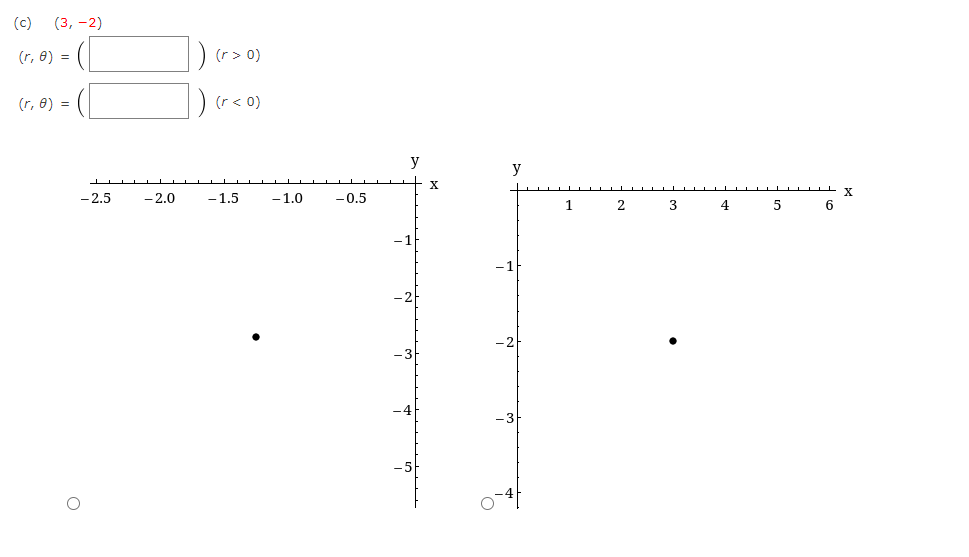 (c) \( (3,-2) \) \[ \begin{array}{l} (r, \theta)=(\square)(r>0) \\ (r, \theta)=(\square)(r<0) \end{array} \]