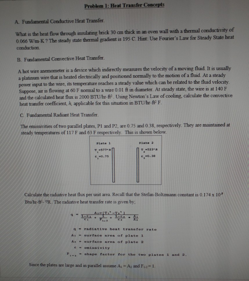 Solved Problem 1: Heat Transfer Concepts A. Fundamental | Chegg.com