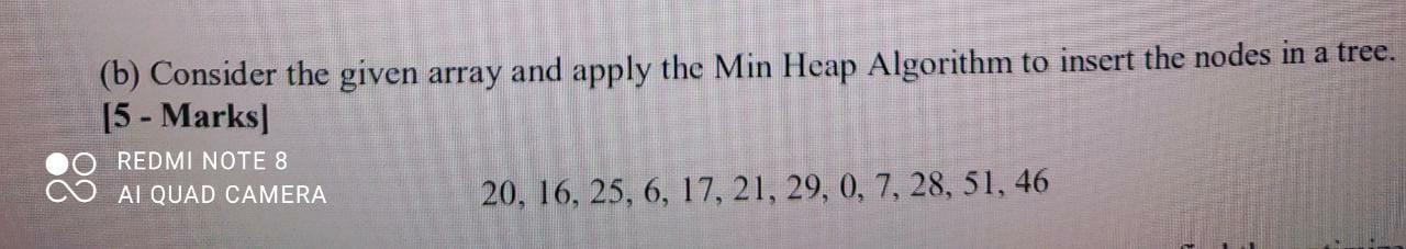 Solved (b) Consider the given array and apply the Min Heap | Chegg.com