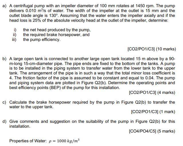 Solved a) A centrifugal pump with an impeller diameter of | Chegg.com