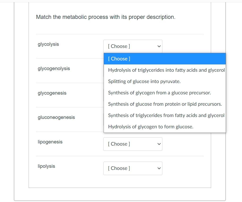 Solved Match the metabolic process with its proper