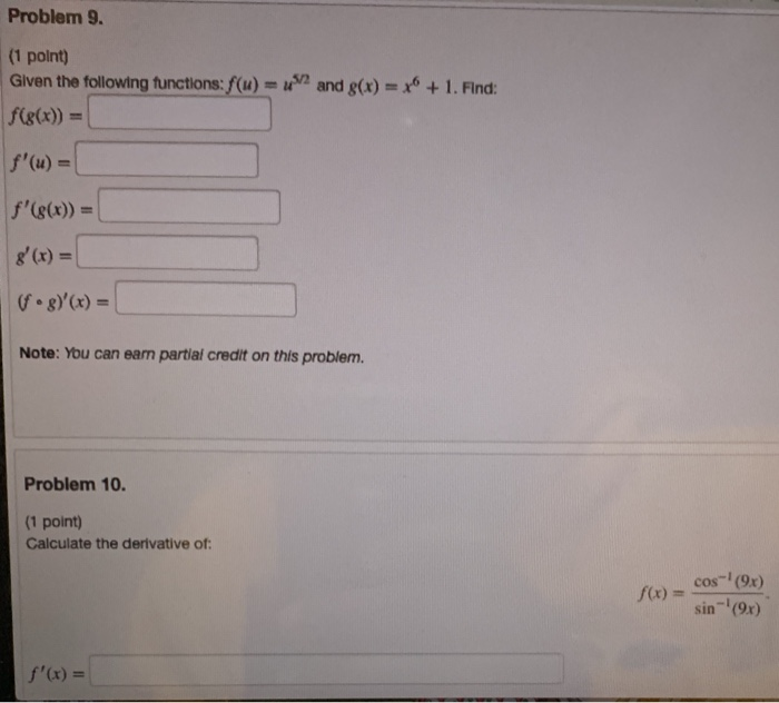 Solved Problem 9. (1 point) Given the following functions: | Chegg.com