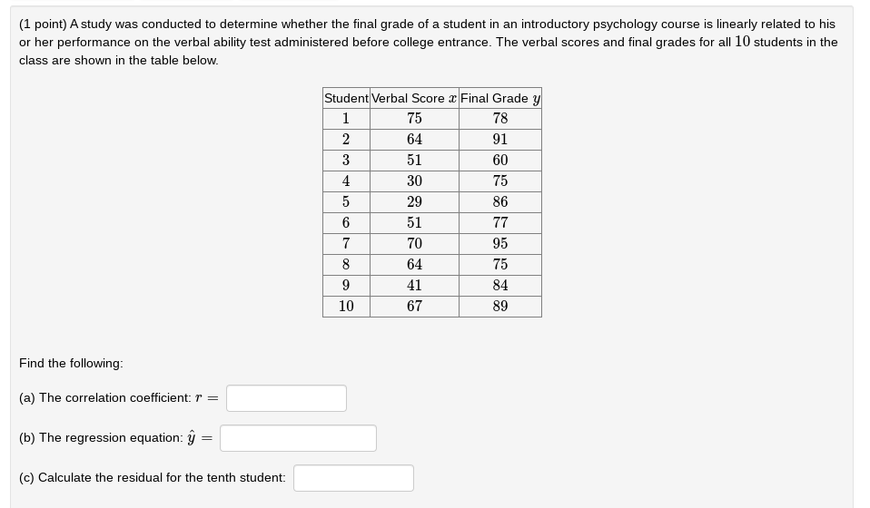 Solved (1 point) A study was conducted to detemine whether a | Chegg.com