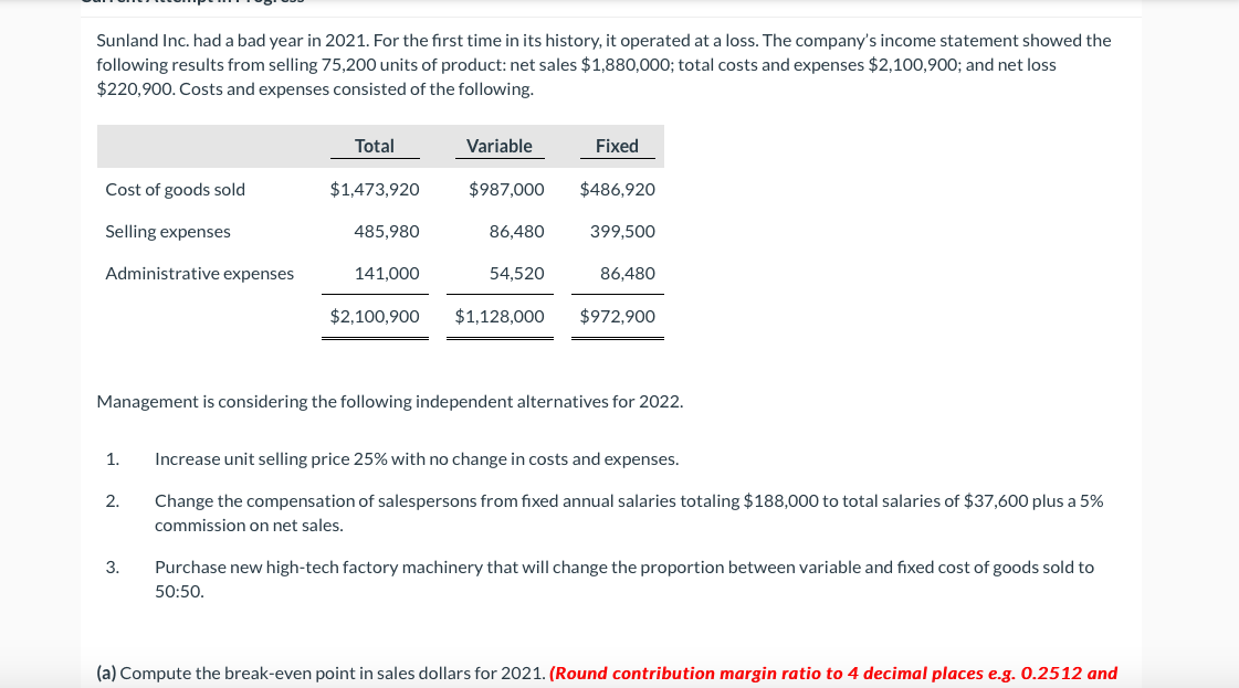 Solved Sunland Inc. had a bad year in 2021. For the first