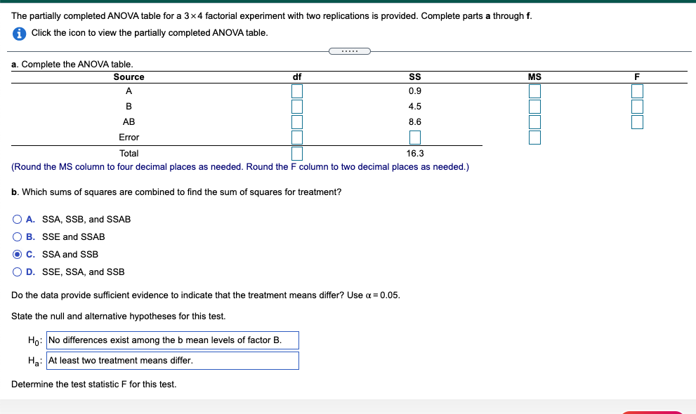 Solved The partially completed ANOVA table for a 3 x 4 | Chegg.com