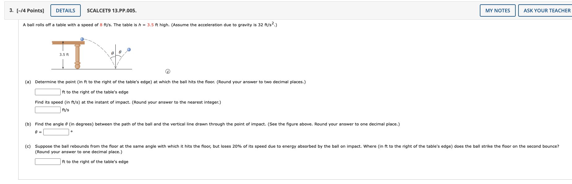Solved A ball rolls off a table with a speed of 8ft/s. The