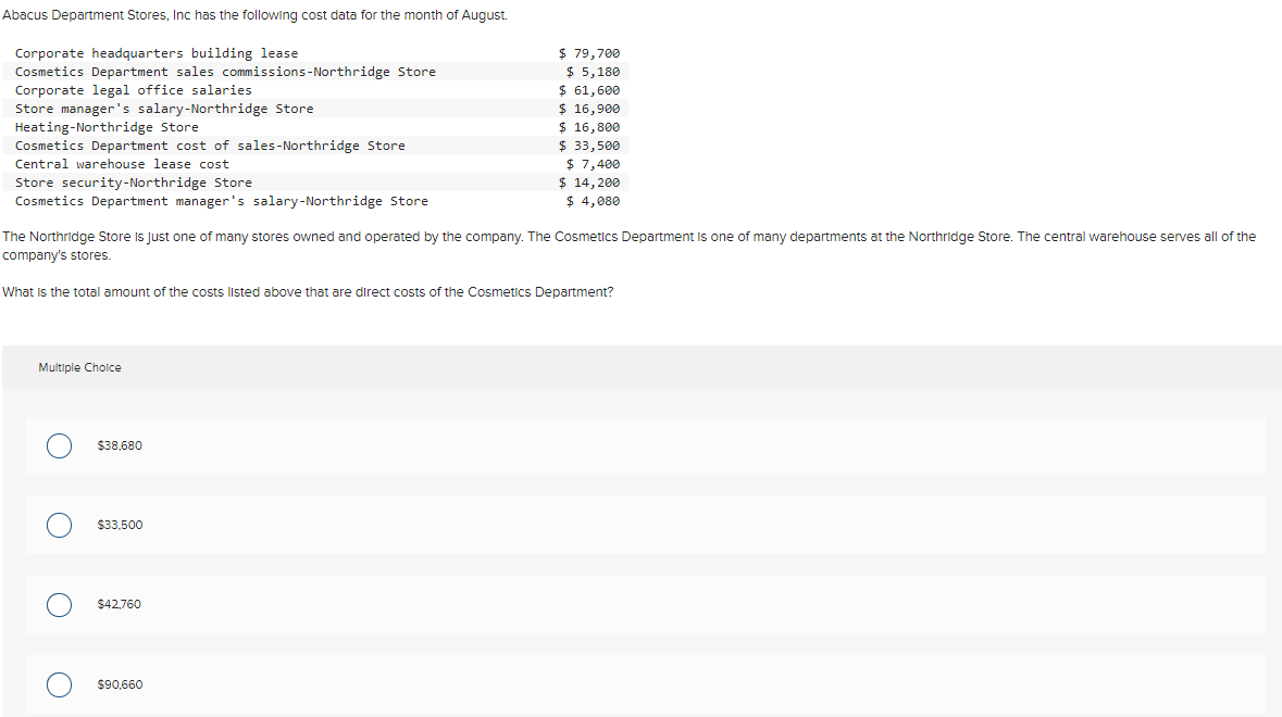 Solved Abacus Department Stores, Inc has the following cost