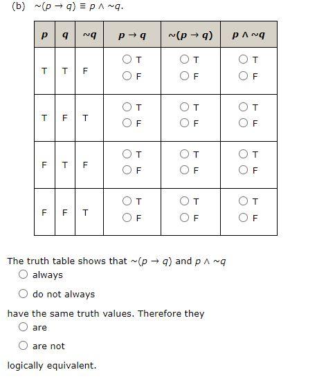 (b) \( \sim(p \rightarrow q) \equiv p \wedge \sim q \).
The truth table shows that \( \sim(p \rightarrow q) \) and \( p \wedg