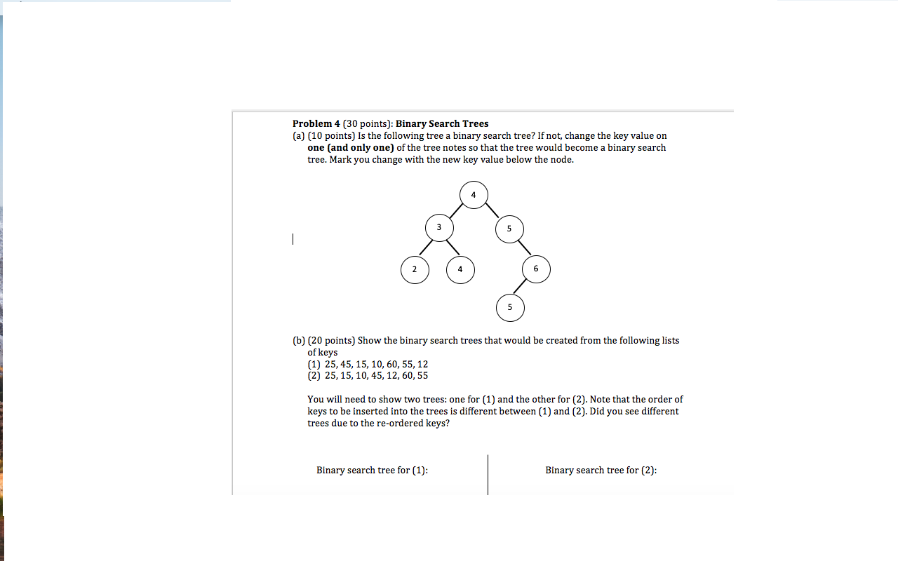 Solved Problem 4 (30 points): Binary Search Trees (a) (10 | Chegg.com