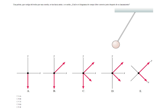 Una pelota, que cuelga del techo por una cuerda, se tira hacia atrás y se suelta. ¿Cuál es el diagrama de cuerpo libre correc