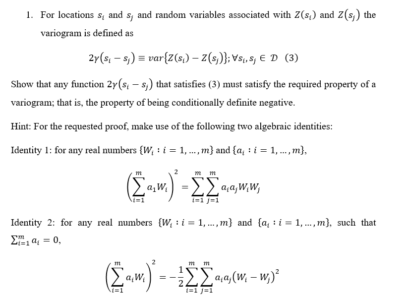 Solved 1. For locations si and sj and random variables | Chegg.com