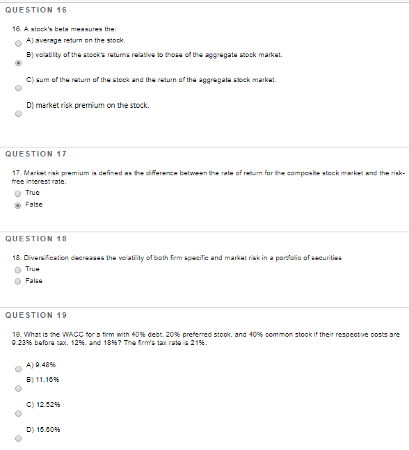 Solved QUESTION 16 16. A stock's beta measures the A)
