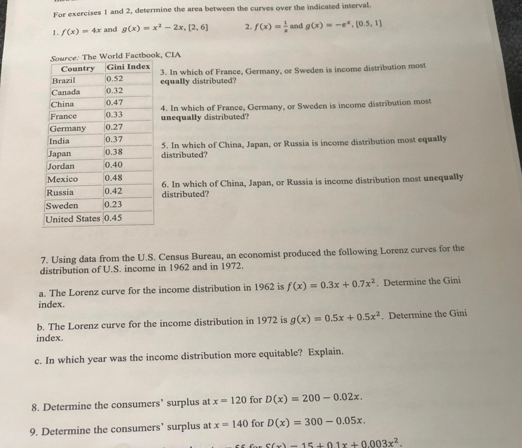 Solved For Exercises 1 And 2, Determine The Area Between The | Chegg.com