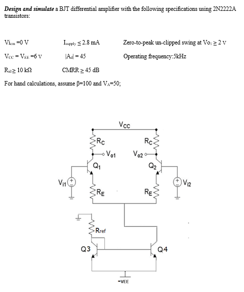 Design and simulate a BJT differential amplifier with | Chegg.com