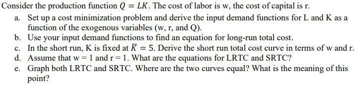 Solved Consider the production function Q = LK. The cost of | Chegg.com