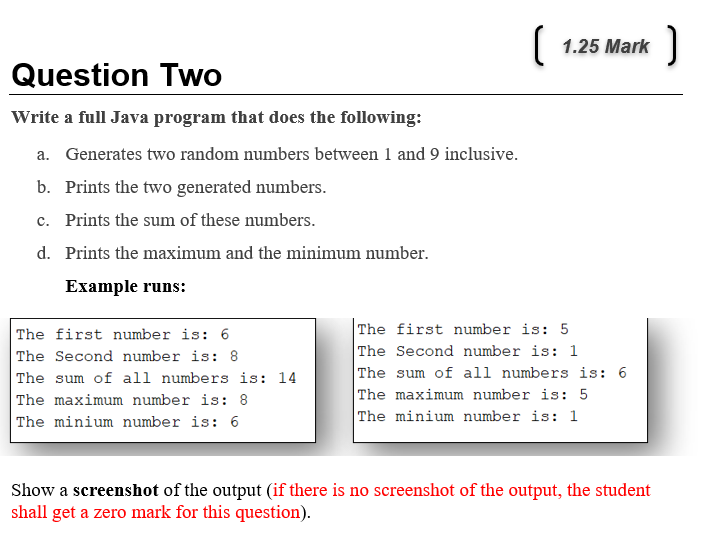 Solved C 1 25 Mark Question Two Write A Full Java Program Chegg Com