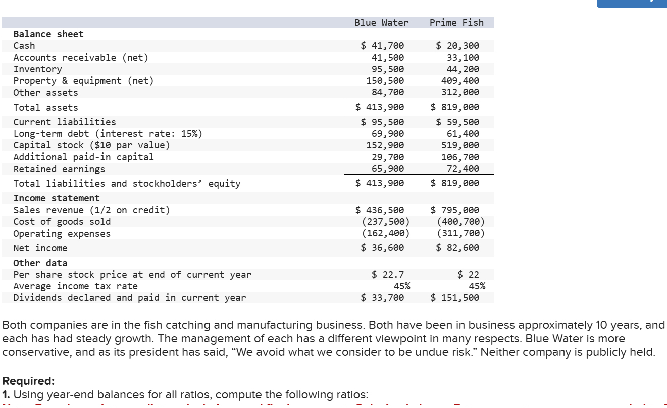 Solved \table[[,Blue Water,Prime Fish],[Balance | Chegg.com