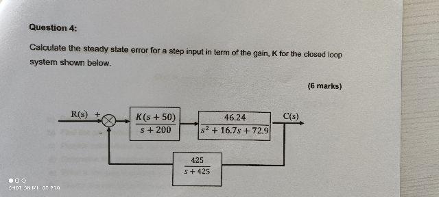Solved Question 4: Calculate the steady state error for a | Chegg.com