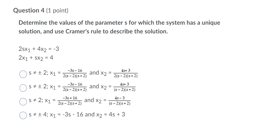 Solved Question 4 (1 point) Determine the values of the | Chegg.com