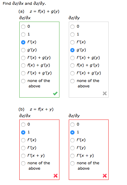 Solved Find dz/dx and az/ay (a) z=/(x) + g(y) az/dy 0 0 1 0 | Chegg.com