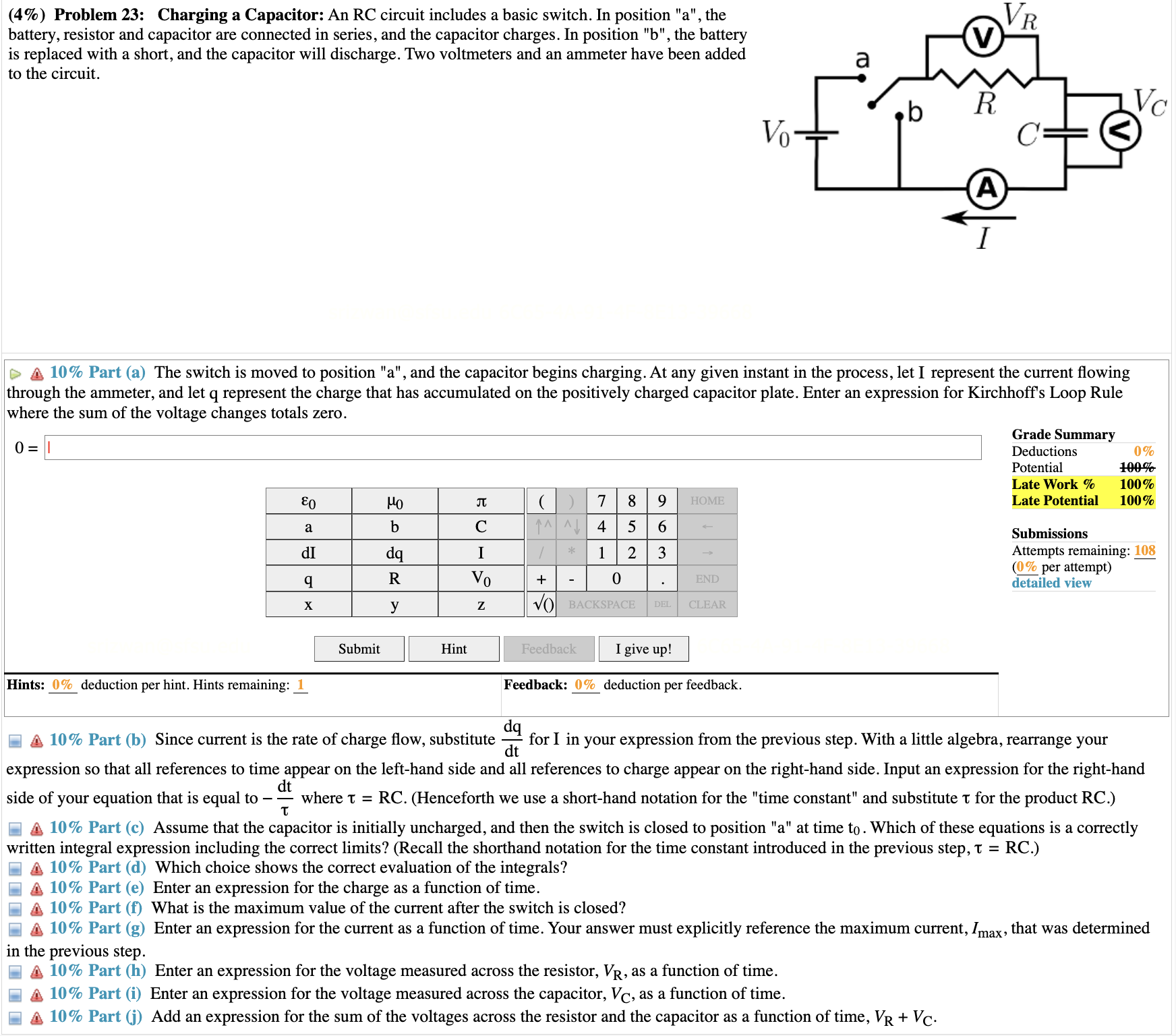 Solved (4\%) Problem 23: Charging a Capacitor: An RC circuit | Chegg.com