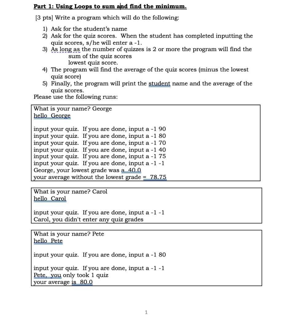 Solved Part 1: Using Loops To Sum And Find The Minimum. [3 | Chegg.com