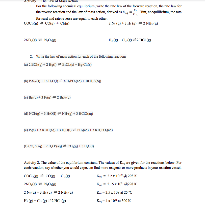 Solved Activity 1. The Law of Mass Action. 1. For the | Chegg.com