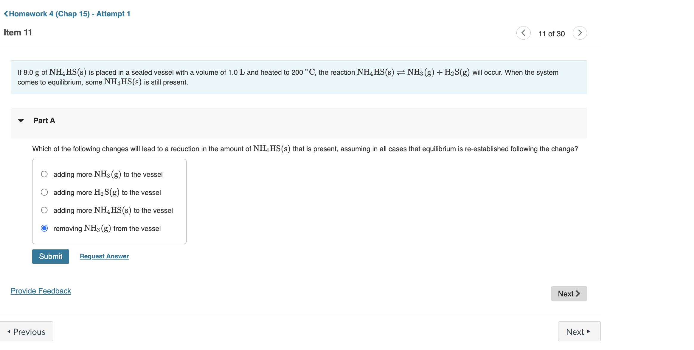 Solved If 8.0 g of NH4HS(s) is placed in a sealed vessel | Chegg.com