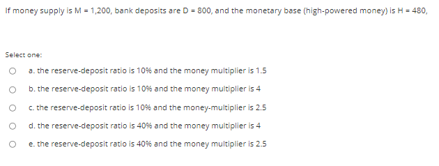 Solved If Money Supply Is M 1 0 Bank Deposits Are D Chegg Com