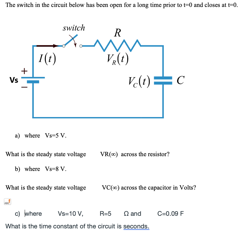 Solved The switch in the circuit below has been open for a | Chegg.com
