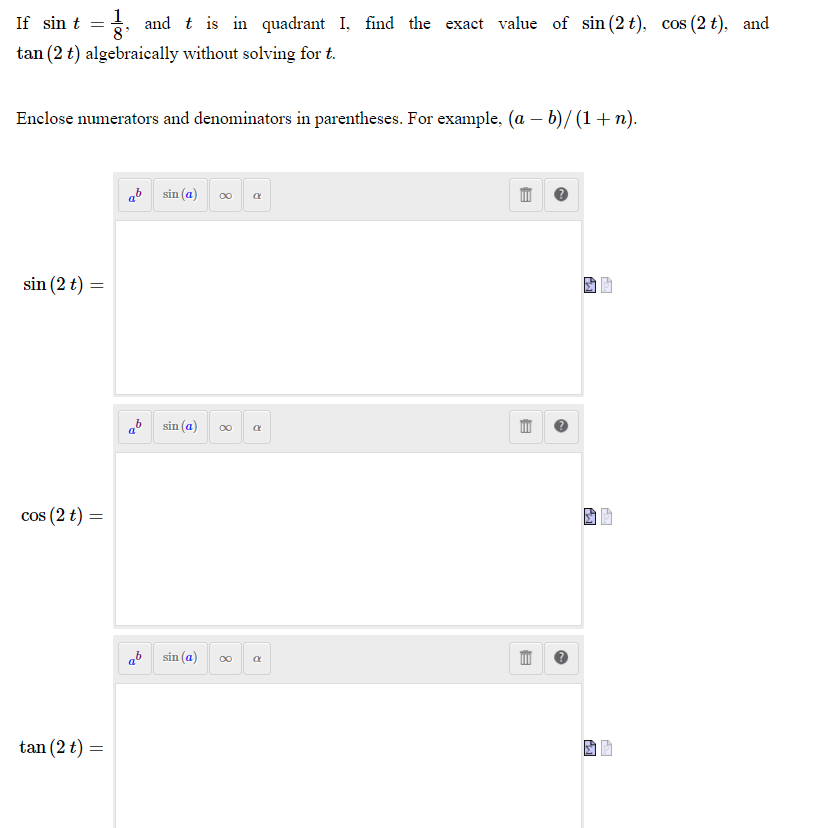 Solved if sin t 1 8 and t is in quadrant i find the exact chegg