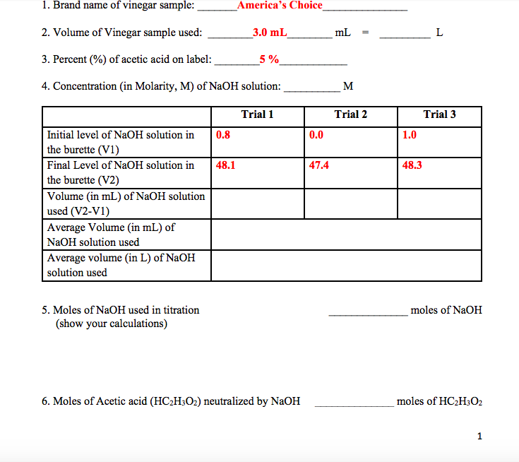 Solved 1 Brand Name Of Vinegar Sample America S Choice Chegg Com
