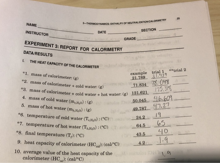 Solved 29 NEUTRALİZATION CALORIMETRY 3THERMODYNAMICS