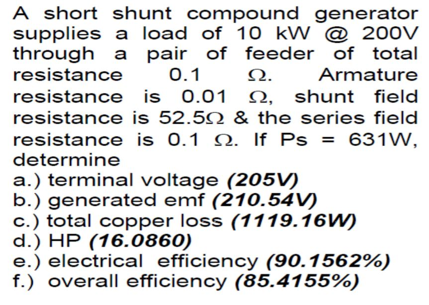 Solved A short shunt compound generator supplies a load of