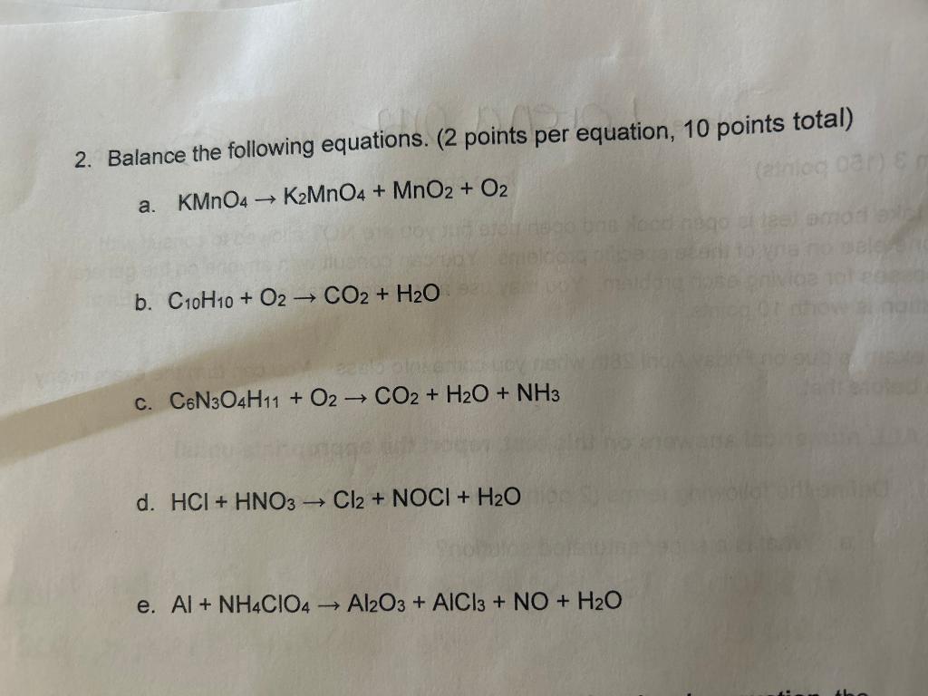 Solved 2 Balance The Following Equations 2 Points Per 4419