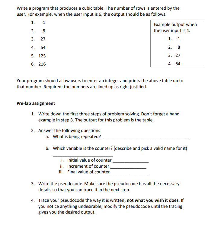 Solved Write a program that produces a cubic table. The | Chegg.com